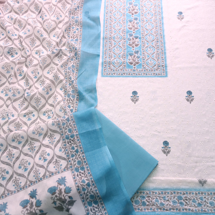 Rua White with Powder Blue Floral Print Cotton Schiffli Set