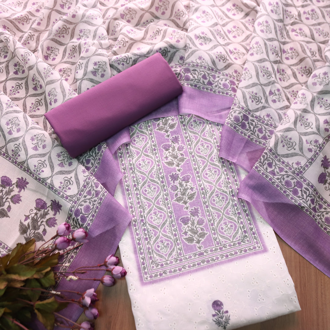 Rua White with Helio Mauve Floral Print Cotton Schiffli Set
