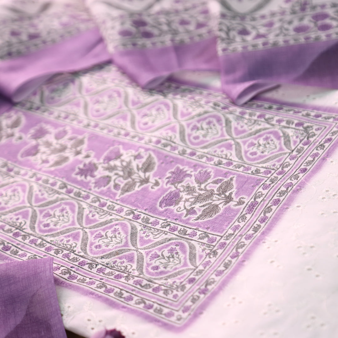 Rua White with Helio Mauve Floral Print Cotton Schiffli Set