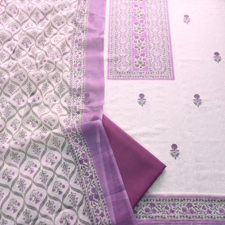 Rua White with Helio Mauve Floral Print Cotton Schiffli Set