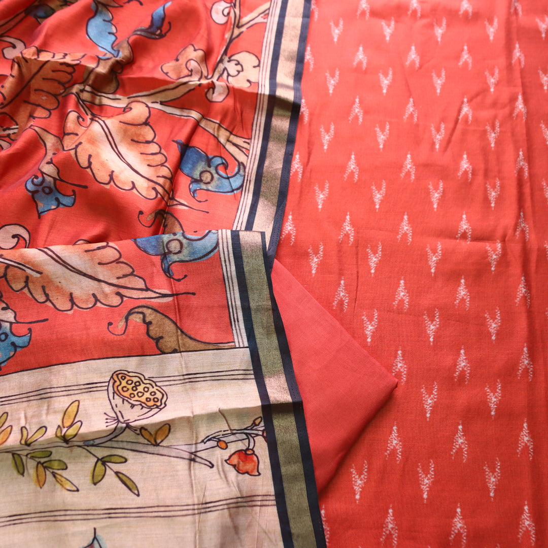 Riva Rust Orange Ikkat Printed Mangalgiri Hem Muslin Set