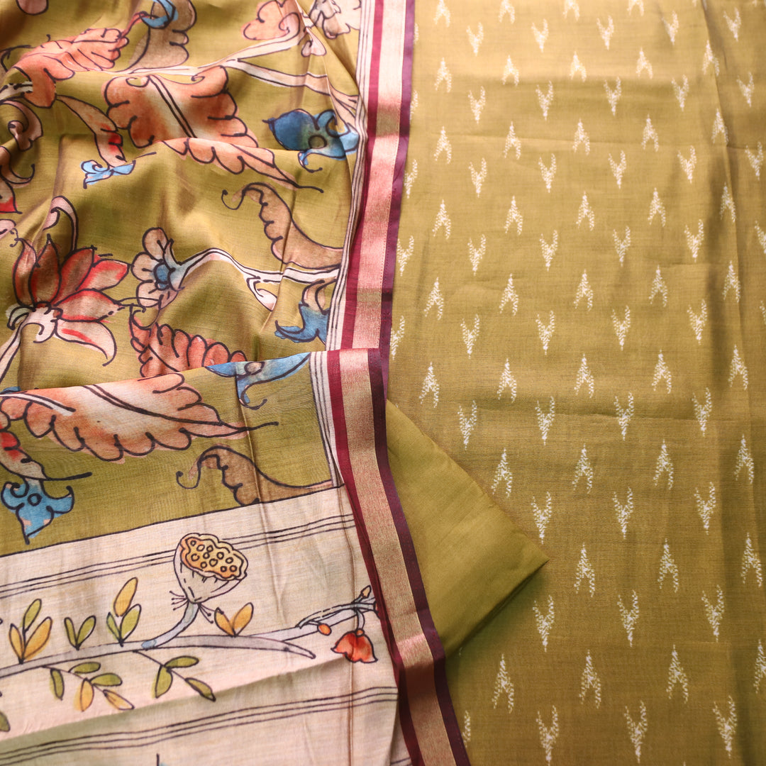 Riva Olive Green Ikkat Printed Mangalgiri Hem Muslin Set