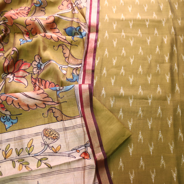 Riva Olive Green Ikkat Printed Mangalgiri Hem Muslin Set