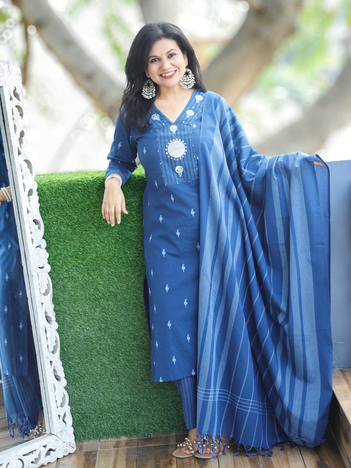 Stella Blue Mirror Handloom Cotton 3 Piece Set