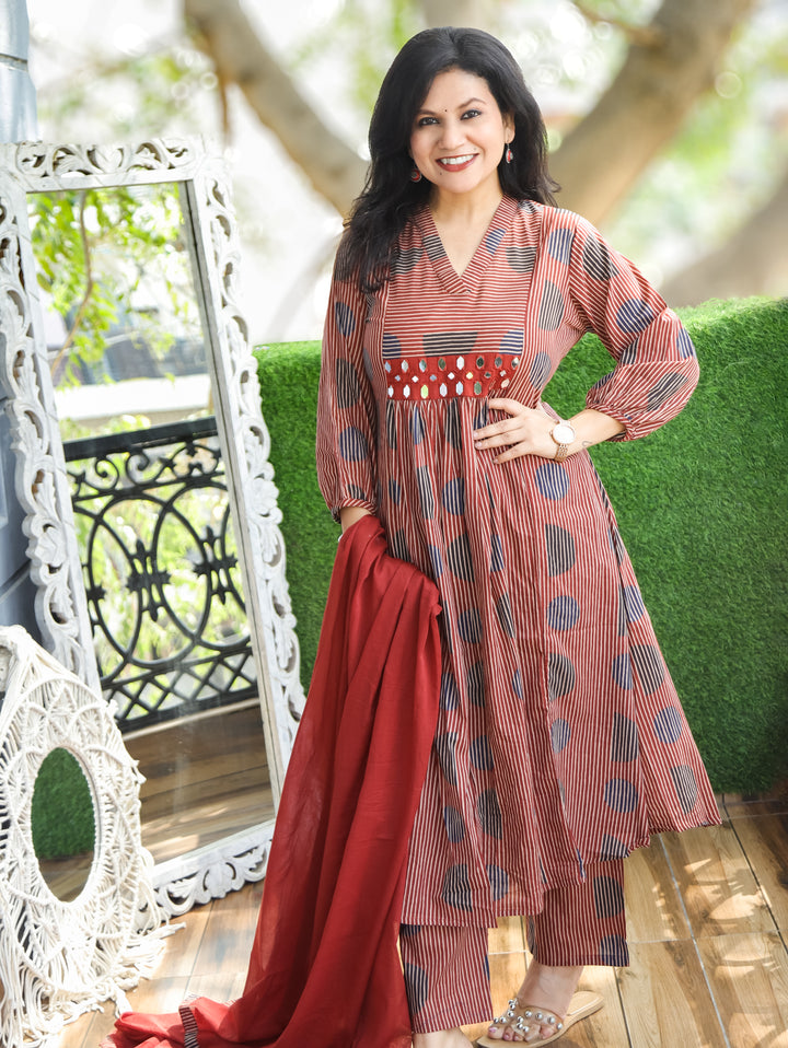 Diana Maroon Mirror Work 3 Piece Set