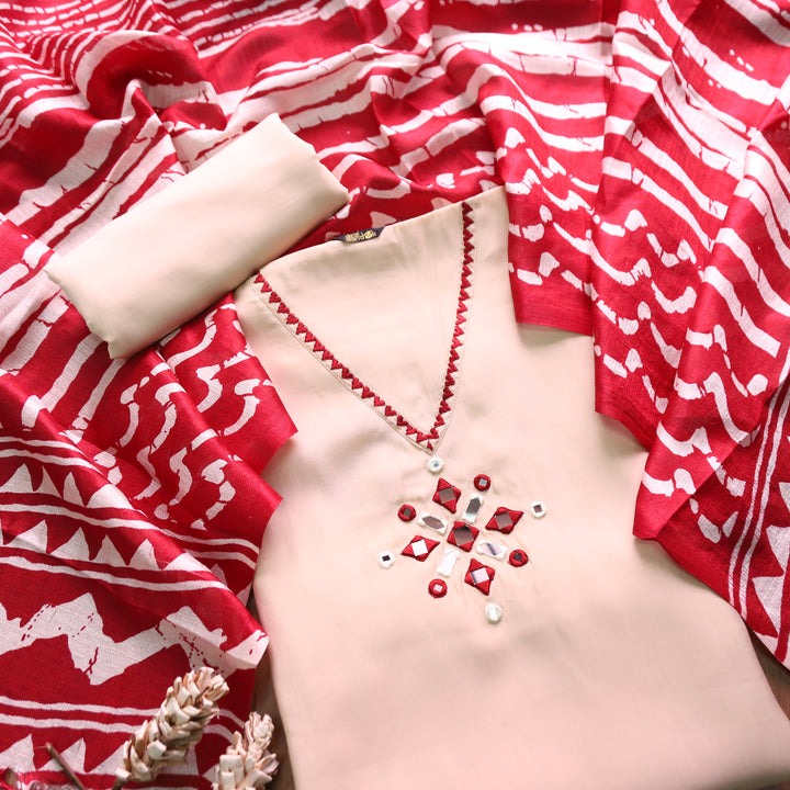 Saheli Cream White V Neck Mirror Work Detailing Neck Roman Silk Suit Set