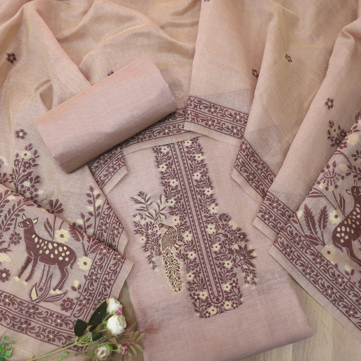 Ambarsari Mauve Taupe Floral Authentic Jamdani Weaved with Zari Chanderi Set