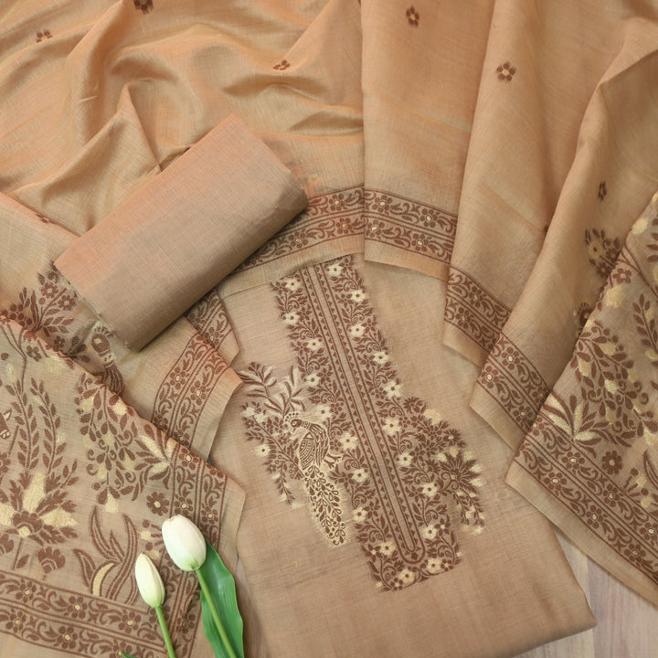 Ambarsari Bronze Brown Floral Authentic Jamdani Weaved with Zari Chanderi Set