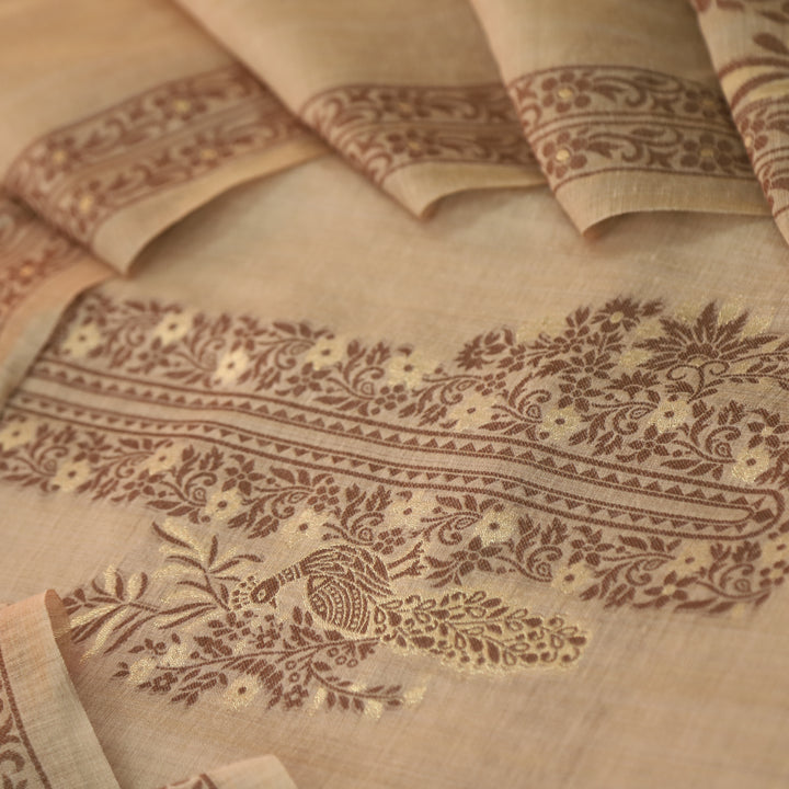 Ambarsari Bronze Brown Floral Authentic Jamdani Weaved with Zari Chanderi Set