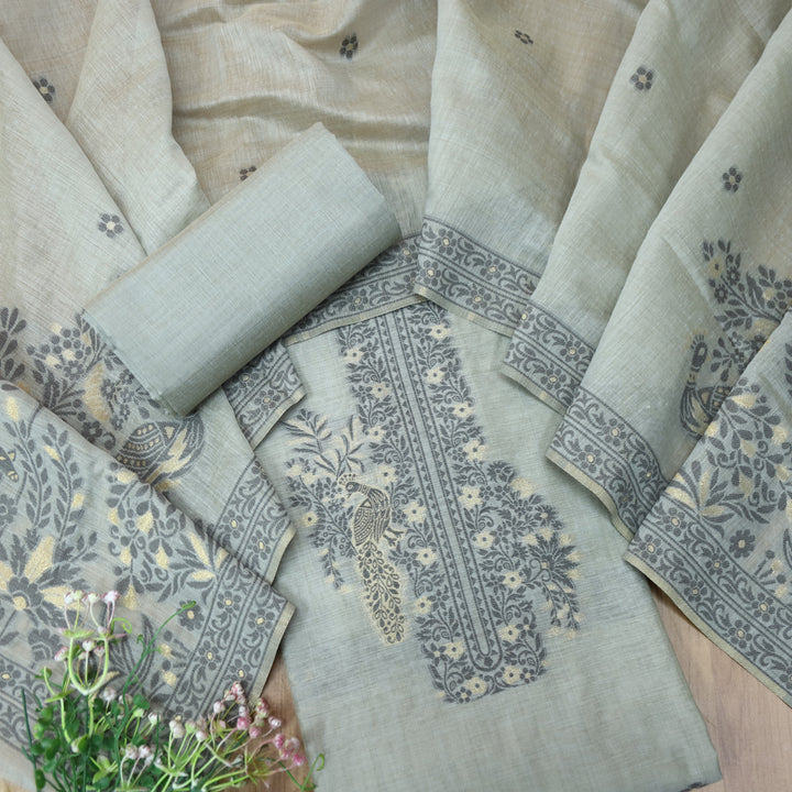 Ambarsari Grayish Blue Floral Authentic Jamdani Weaved with Zari Chanderi Set