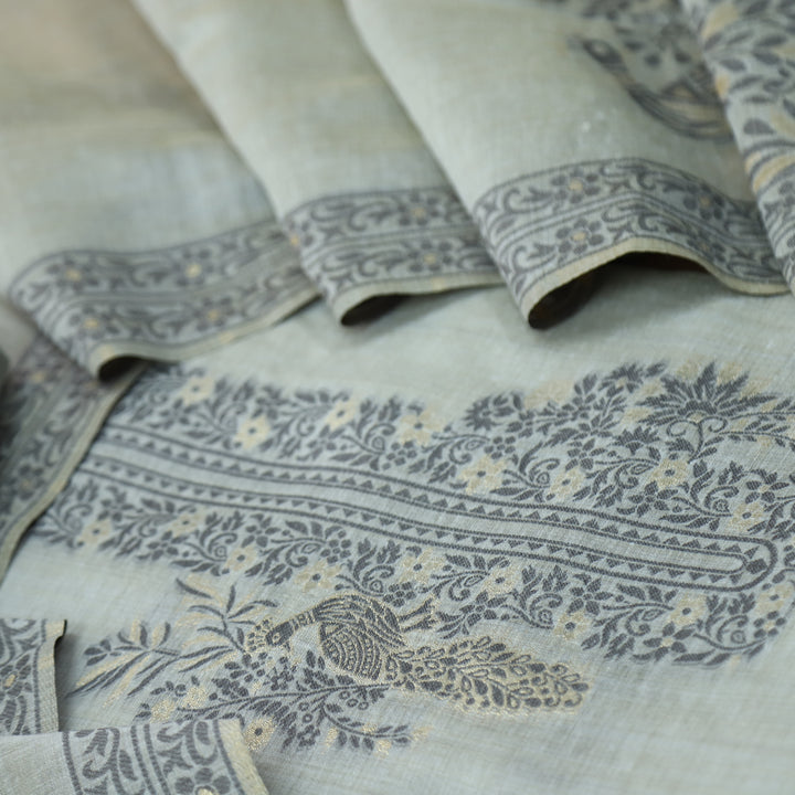 Ambarsari Grayish Blue Floral Authentic Jamdani Weaved with Zari Chanderi Set
