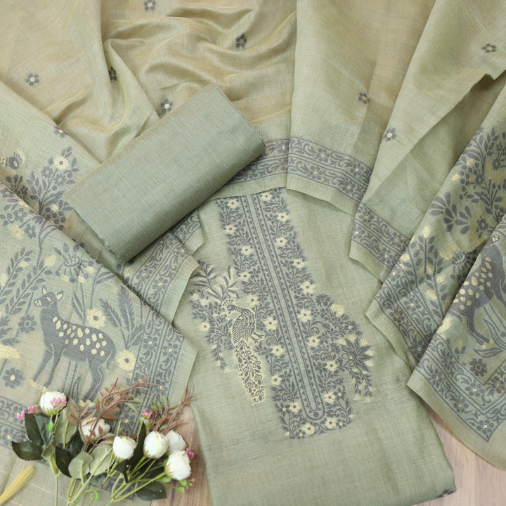 Ambarsari Dusky Tan Floral Authentic Jamdani Weaved with Zari Chanderi Set