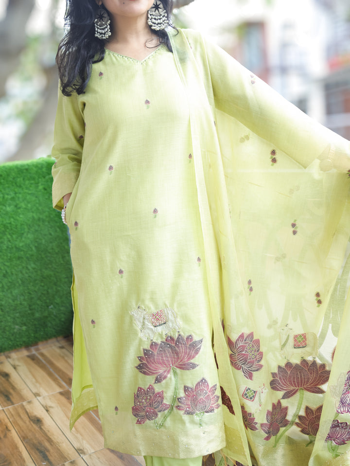 Flora Mint Green Pichwai Jamdani 3 Piece Set