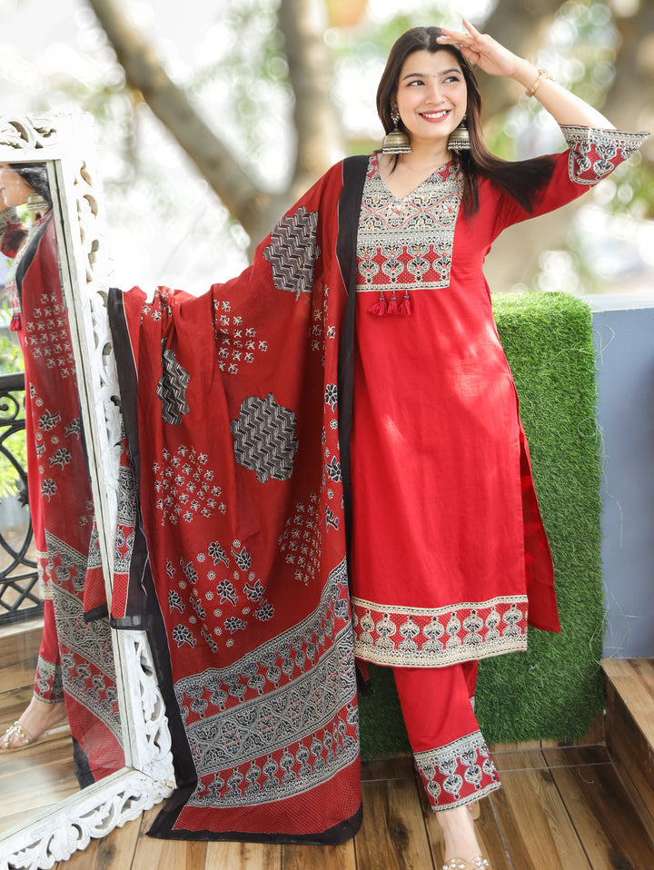 Clara Red Ajrak Printed Cotton 3 Piece Set