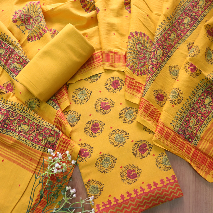 Gulbahar Turmeric Yellow All Over Peacock Block Print Work Cotton Suit Set