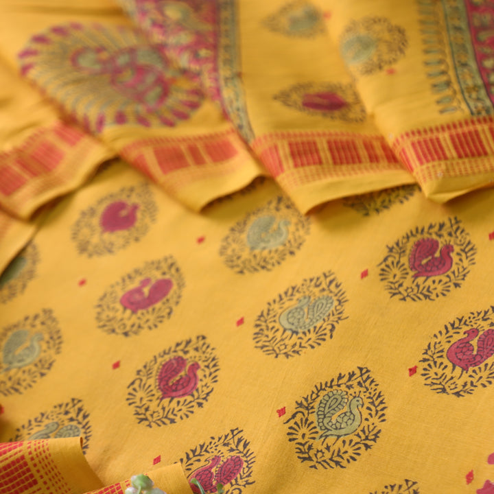 Gulbahar Turmeric Yellow All Over Peacock Block Print Work Cotton Suit Set