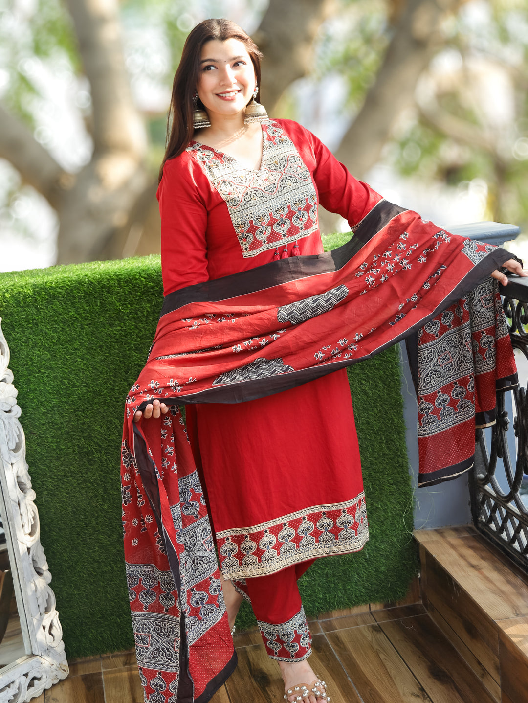 Clara Red Ajrak Printed Cotton 3 Piece Set