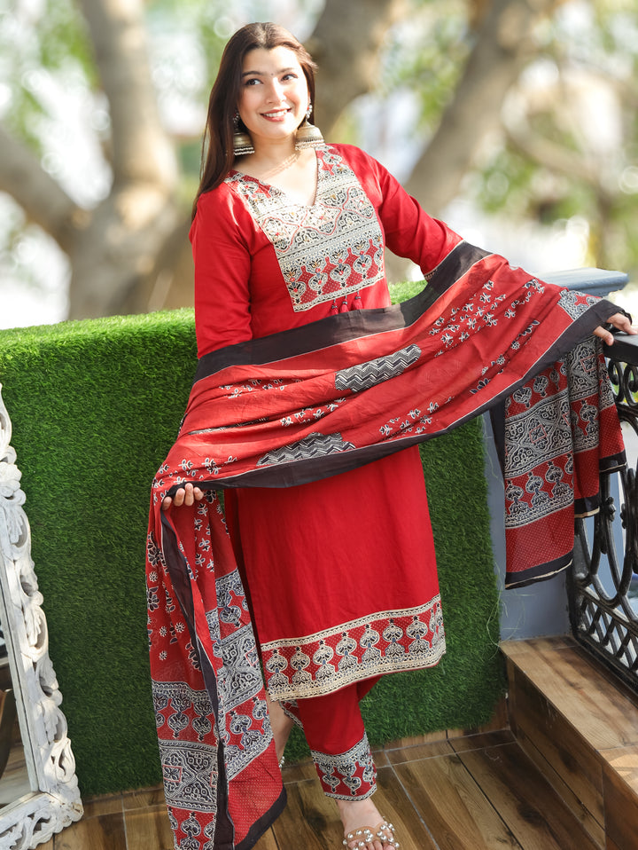 Clara Red Ajrak Printed Cotton 3 Piece Set