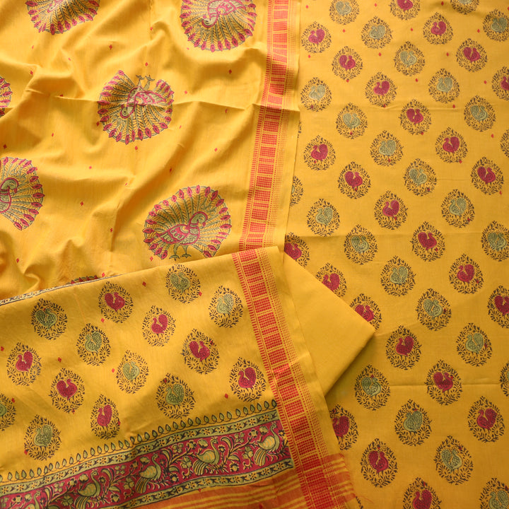 Gulbahar Turmeric Yellow All Over Peacock Block Print Work Cotton Suit Set