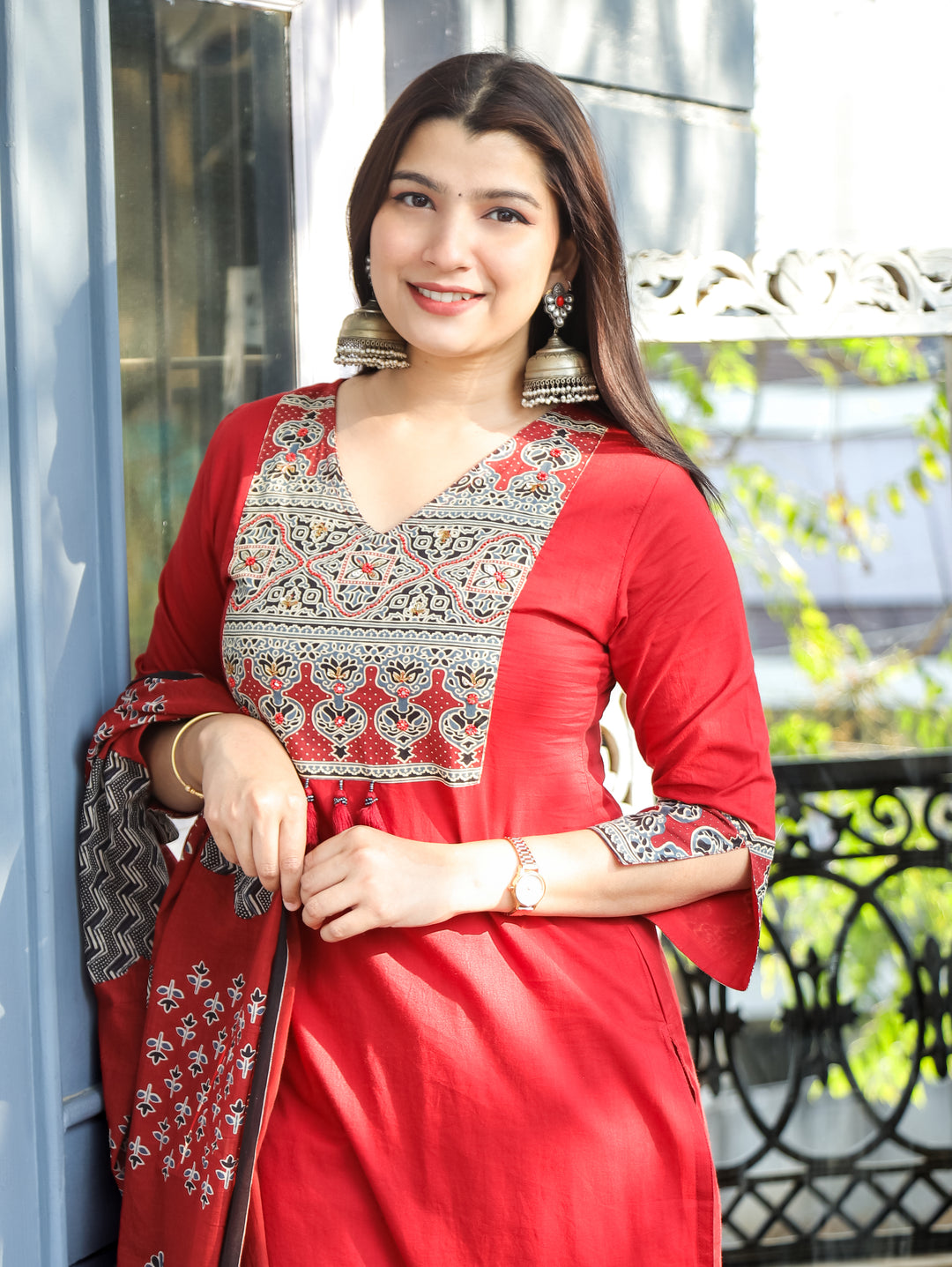 Clara Red Ajrak Printed Cotton 3 Piece Set