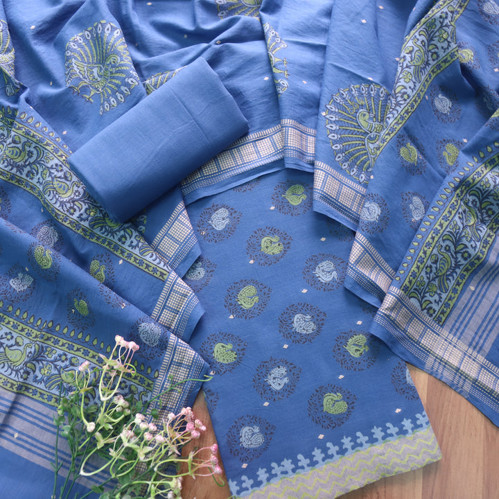 Gulbahar Electric Blue All Over Peacock Block Print Work Cotton Suit Set