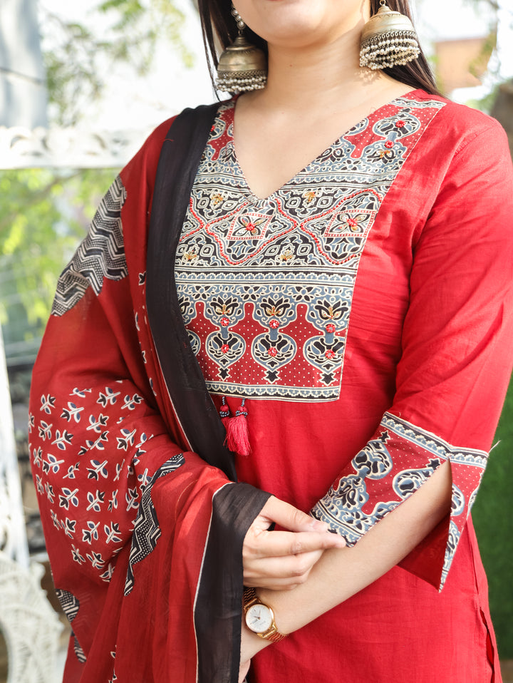 Clara Red Ajrak Printed Cotton 3 Piece Set