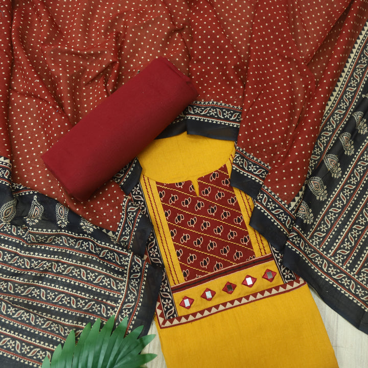 Sulari Canary Yellow with Red Printed Kutch Patch Neck Cotton Flex Suit Set