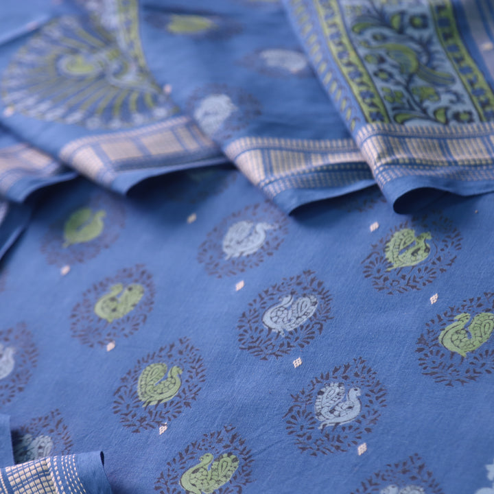 Gulbahar Electric Blue All Over Peacock Block Print Work Cotton Suit Set