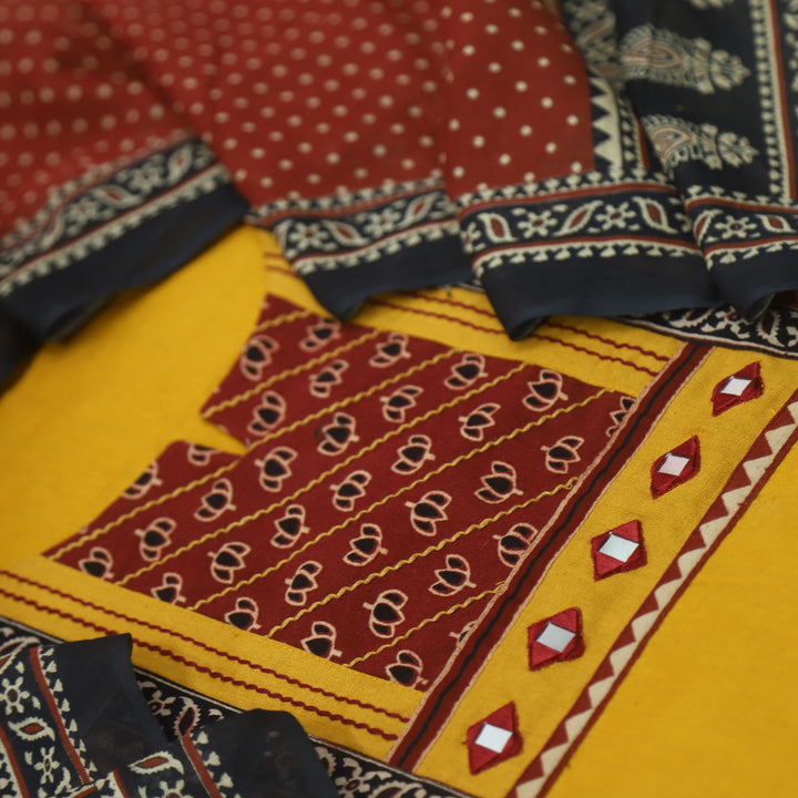 Sulari Canary Yellow with Red Printed Kutch Patch Neck Cotton Flex Suit Set