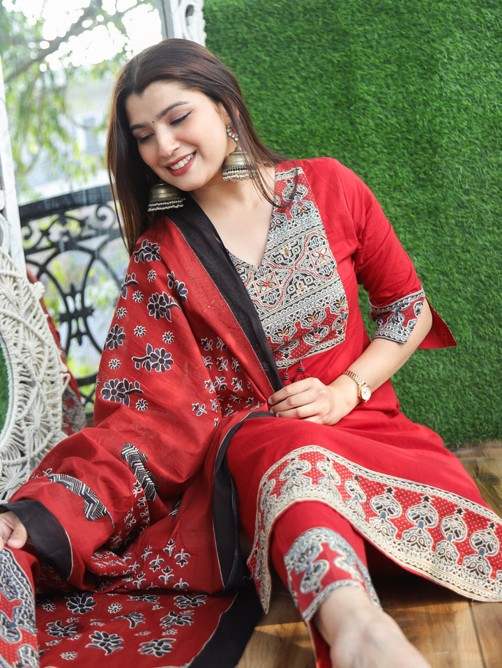 Clara Red Ajrak Printed Cotton 3 Piece Set