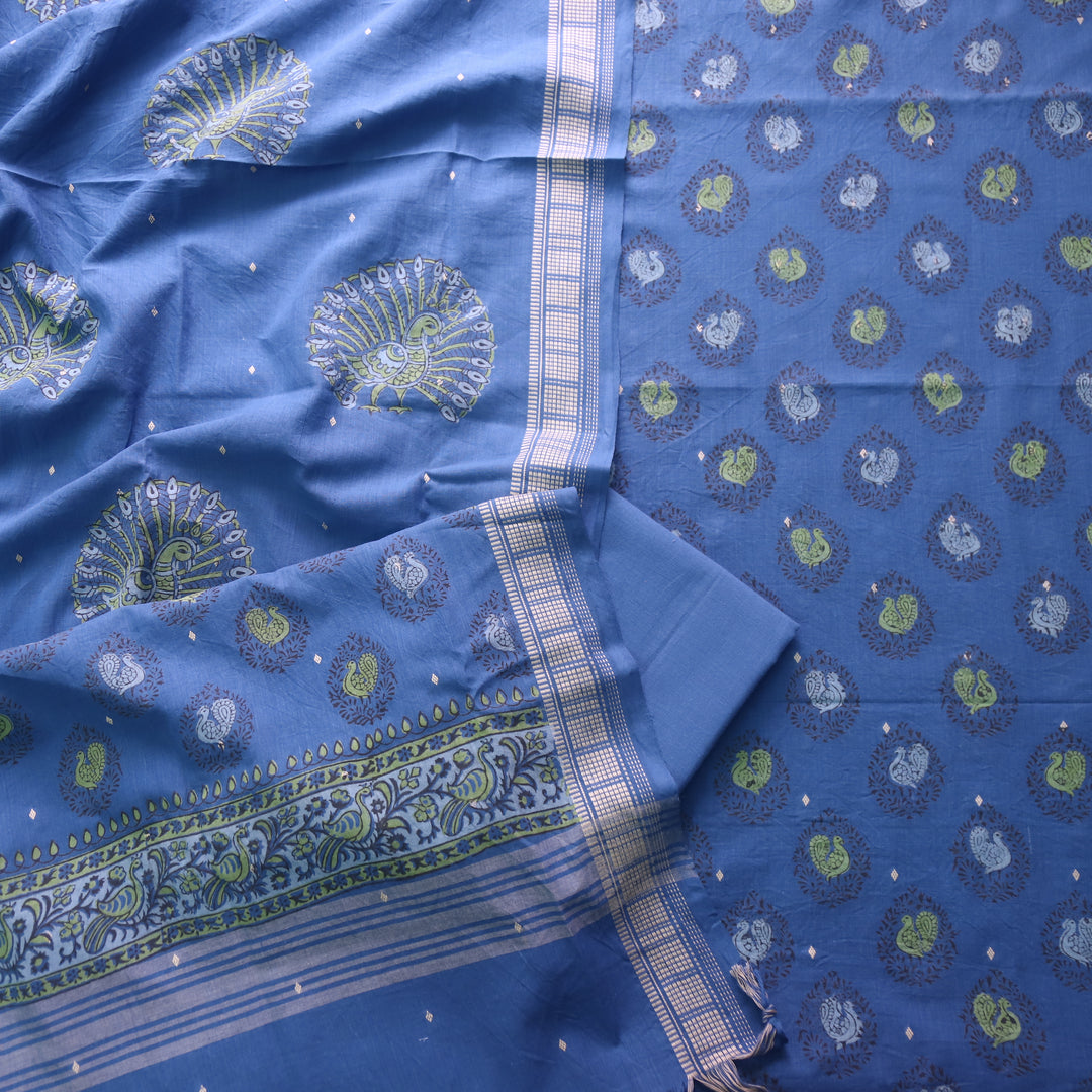 Gulbahar Electric Blue All Over Peacock Block Print Work Cotton Suit Set