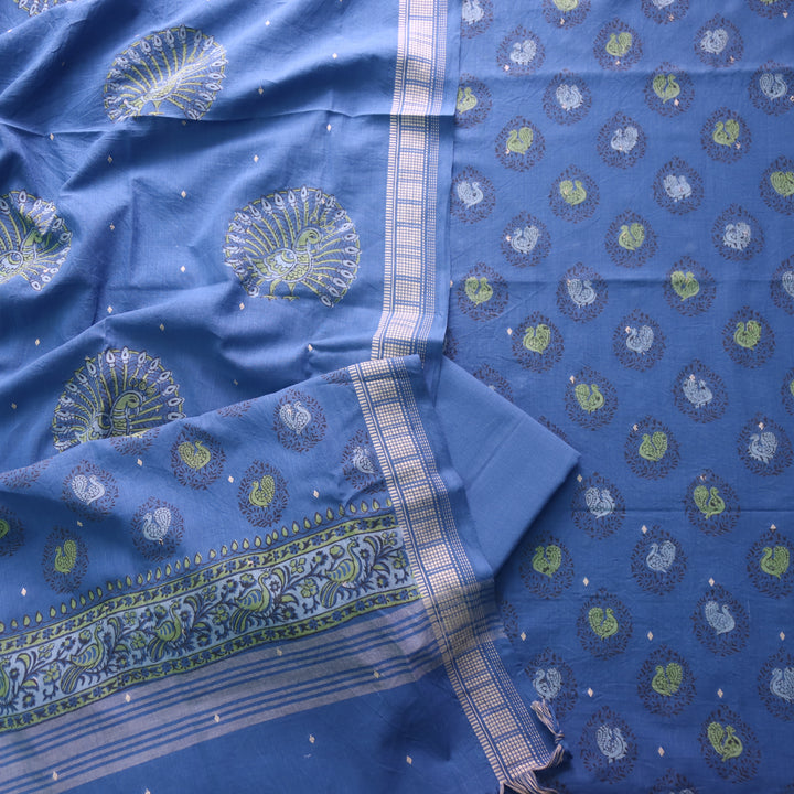 Gulbahar Electric Blue All Over Peacock Block Print Work Cotton Suit Set