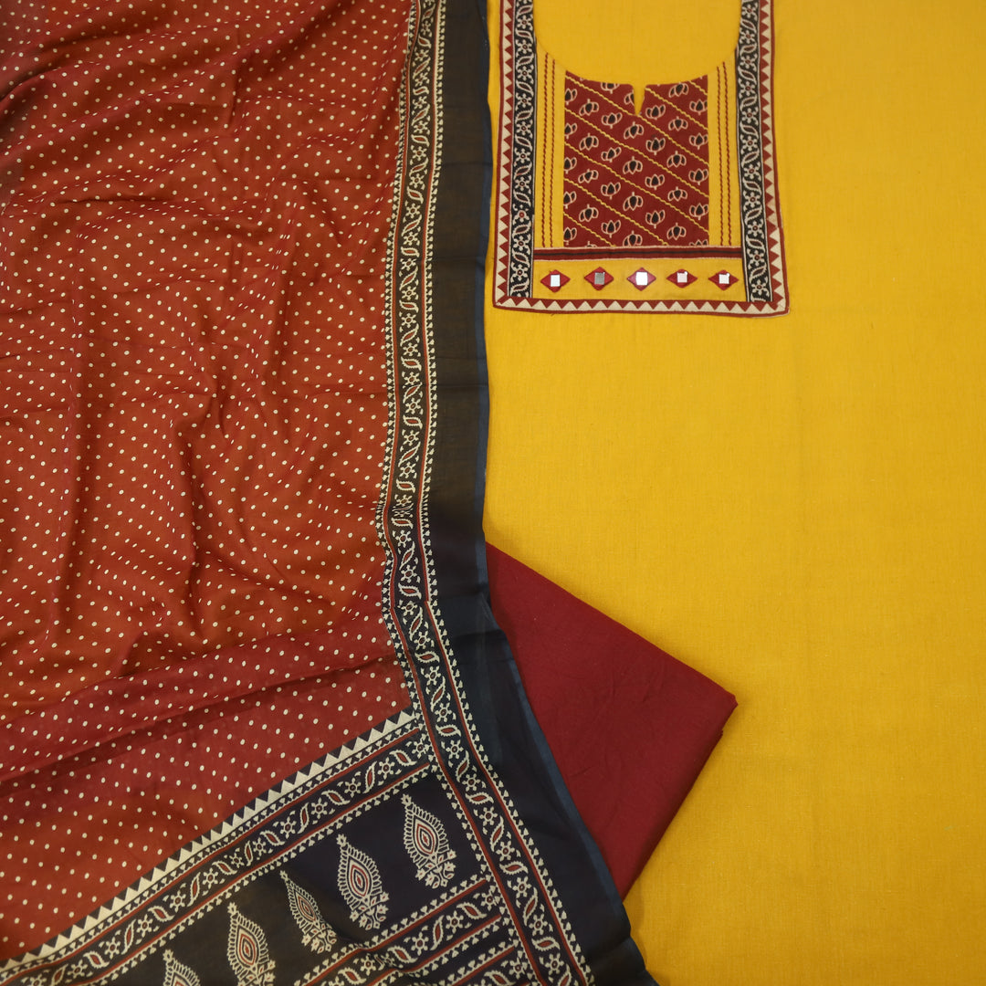 Sulari Canary Yellow with Red Printed Kutch Patch Neck Cotton Flex Suit Set