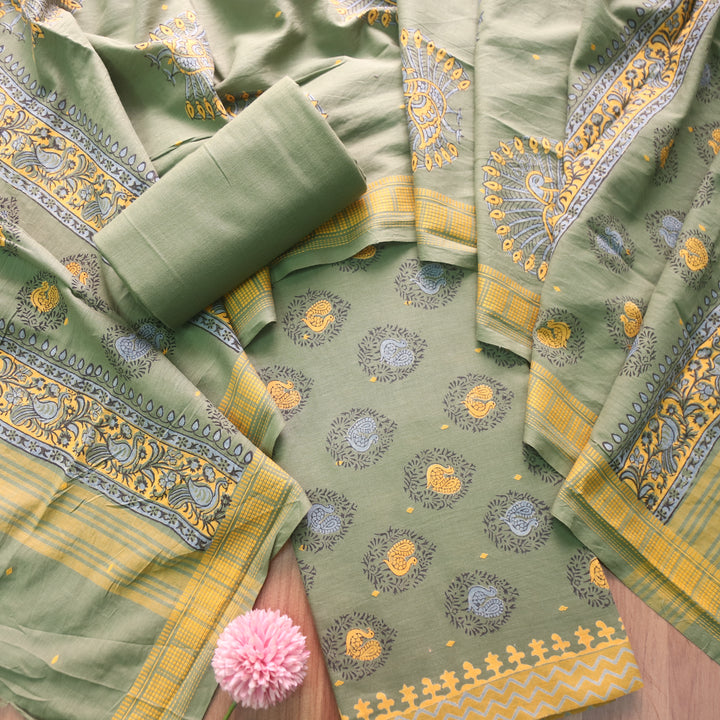 Gulbahar Fern Green All Over Peacock Block Print Work Cotton Suit Set