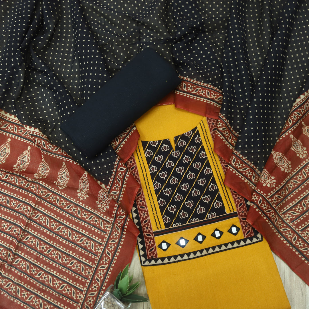 Sulari Canary Yellow with Black Printed Kutch Patch Neck Cotton Flex Suit Set