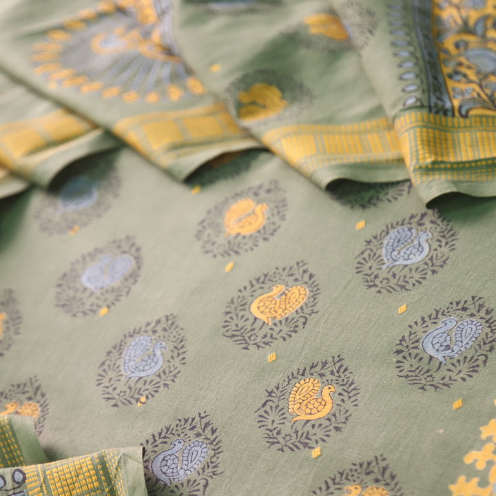 Gulbahar Fern Green All Over Peacock Block Print Work Cotton Suit Set