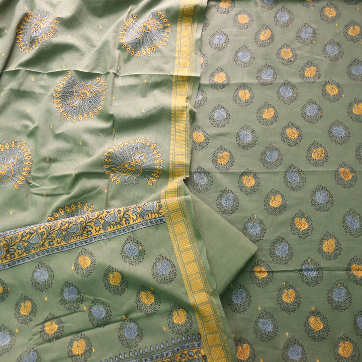 Gulbahar Fern Green All Over Peacock Block Print Work Cotton Suit Set