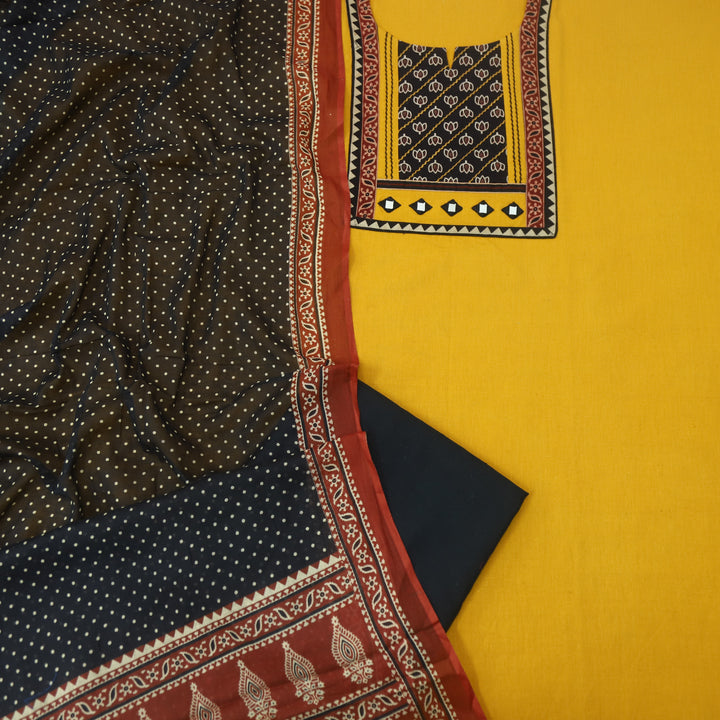 Sulari Canary Yellow with Black Printed Kutch Patch Neck Cotton Flex Suit Set