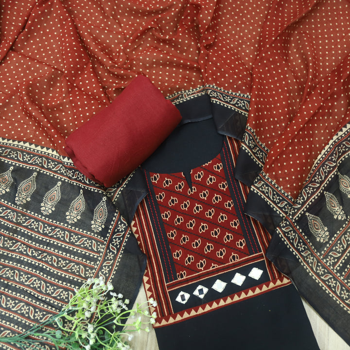 Sulari Raven Black Printed Kutch Patch Neck Cotton Flex Suit Set