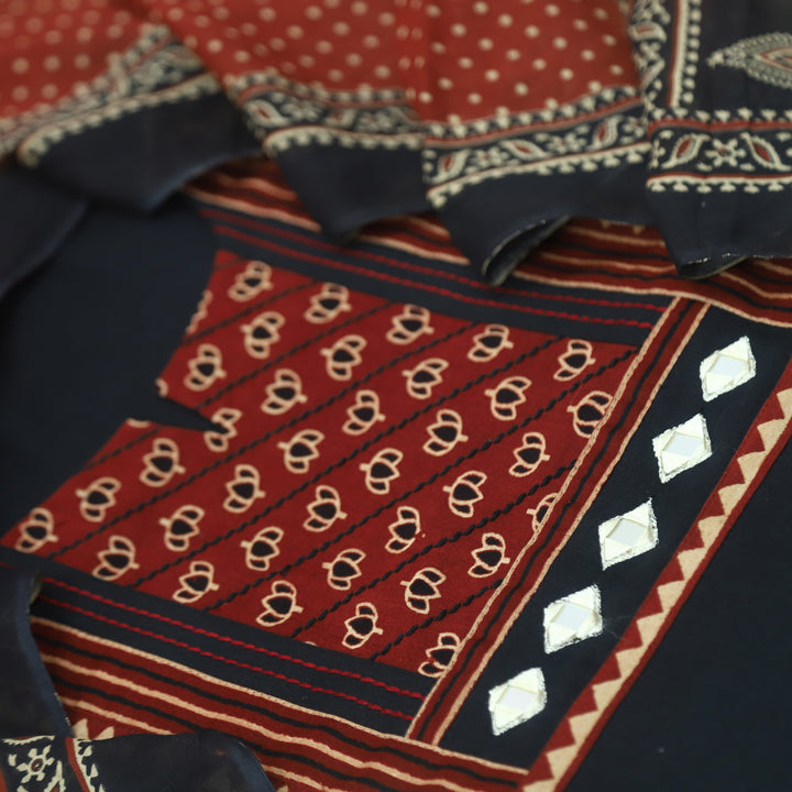 Sulari Raven Black Printed Kutch Patch Neck Cotton Flex Suit Set
