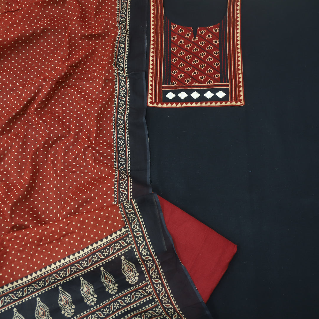 Sulari Raven Black Printed Kutch Patch Neck Cotton Flex Suit Set
