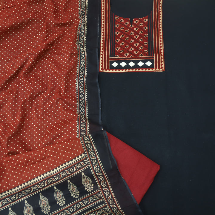Sulari Raven Black Printed Kutch Patch Neck Cotton Flex Suit Set