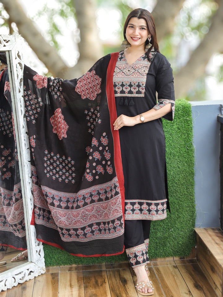 Clara Black Ajrak Printed Cotton 3 Piece Set