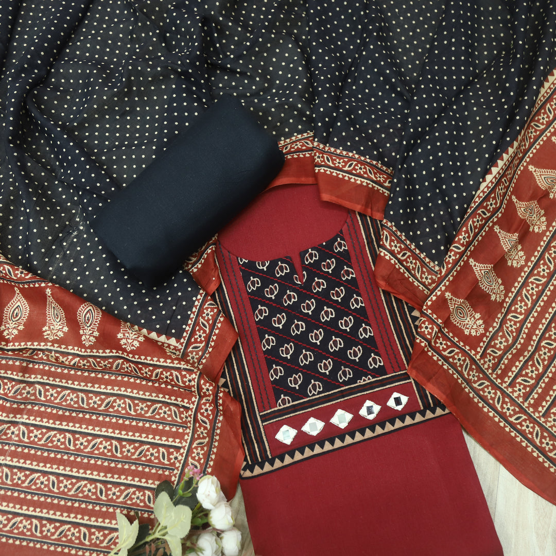 Sulari Marron Red Printed Kutch Patch Neck Cotton Flex Suit Set