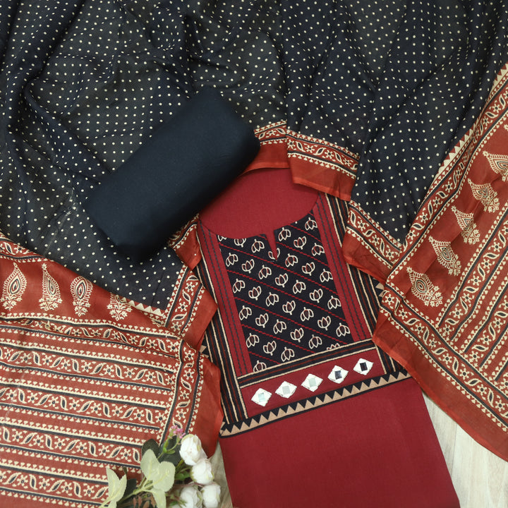 Sulari Marron Red Printed Kutch Patch Neck Cotton Flex Suit Set