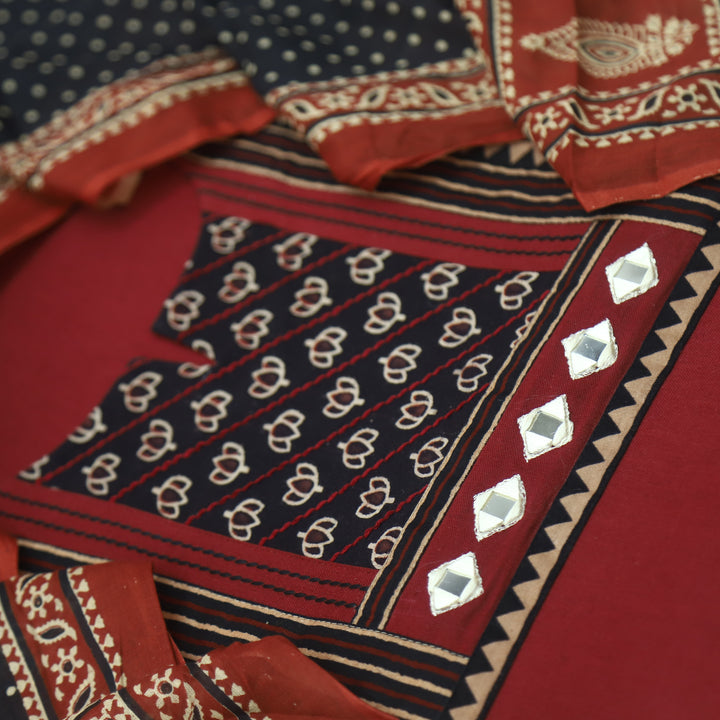 Sulari Marron Red Printed Kutch Patch Neck Cotton Flex Suit Set