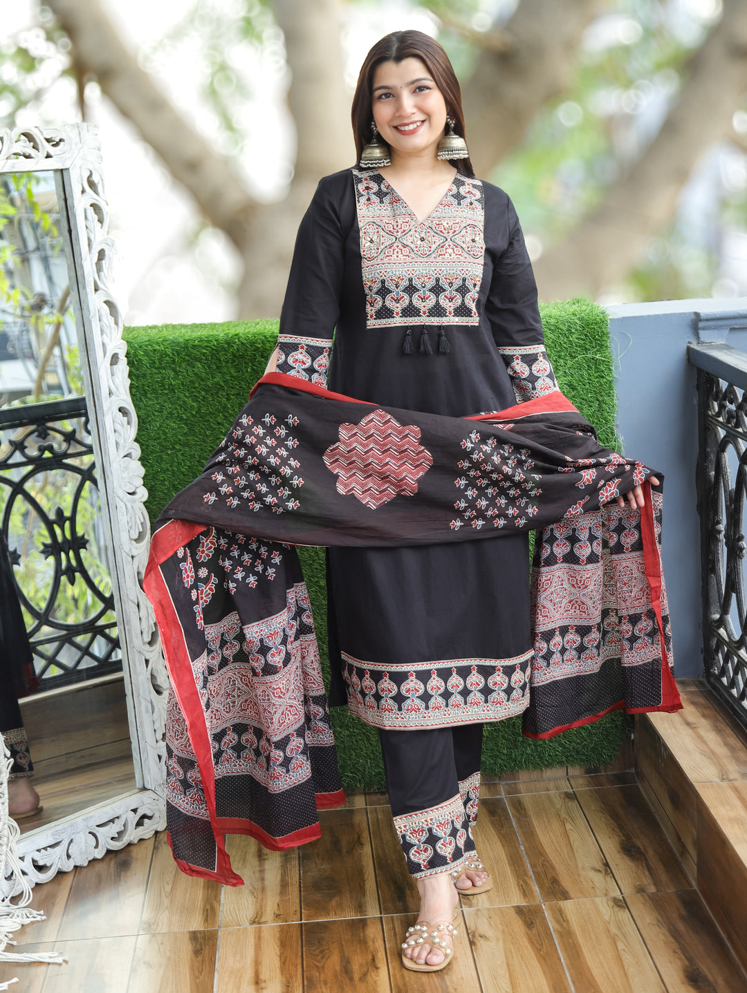 Clara Black Ajrak Printed Cotton 3 Piece Set