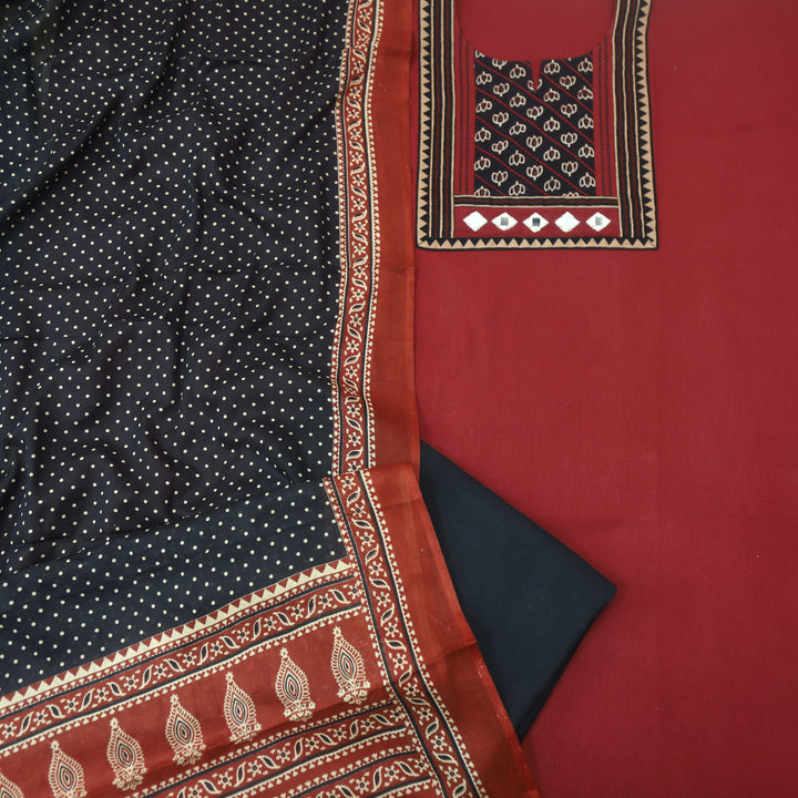 Sulari Marron Red Printed Kutch Patch Neck Cotton Flex Suit Set