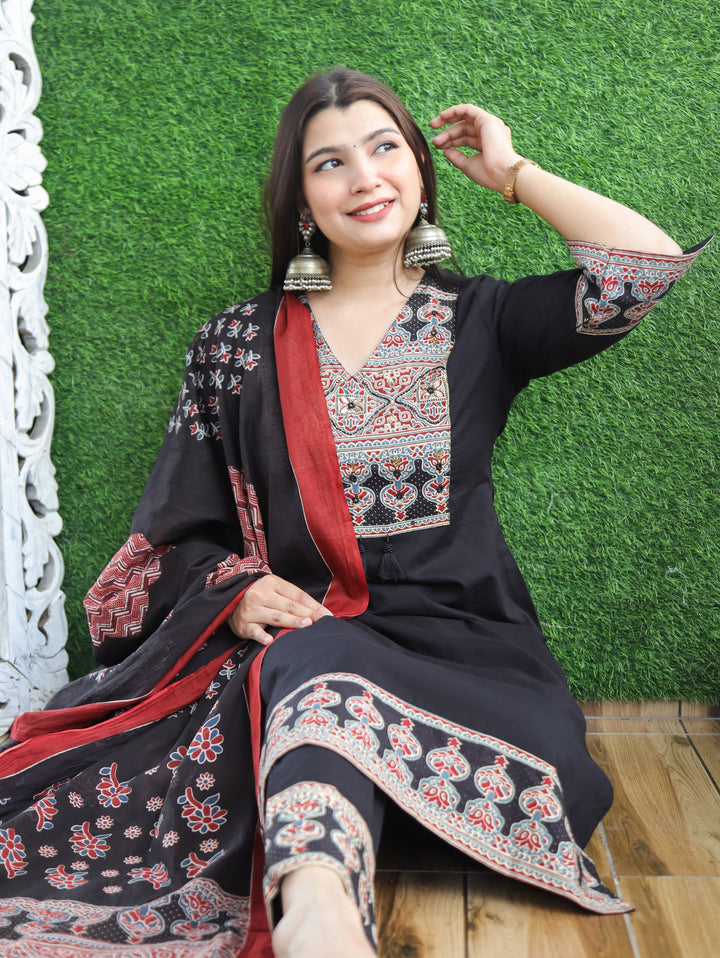 Clara Black Ajrak Printed Cotton 3 Piece Set