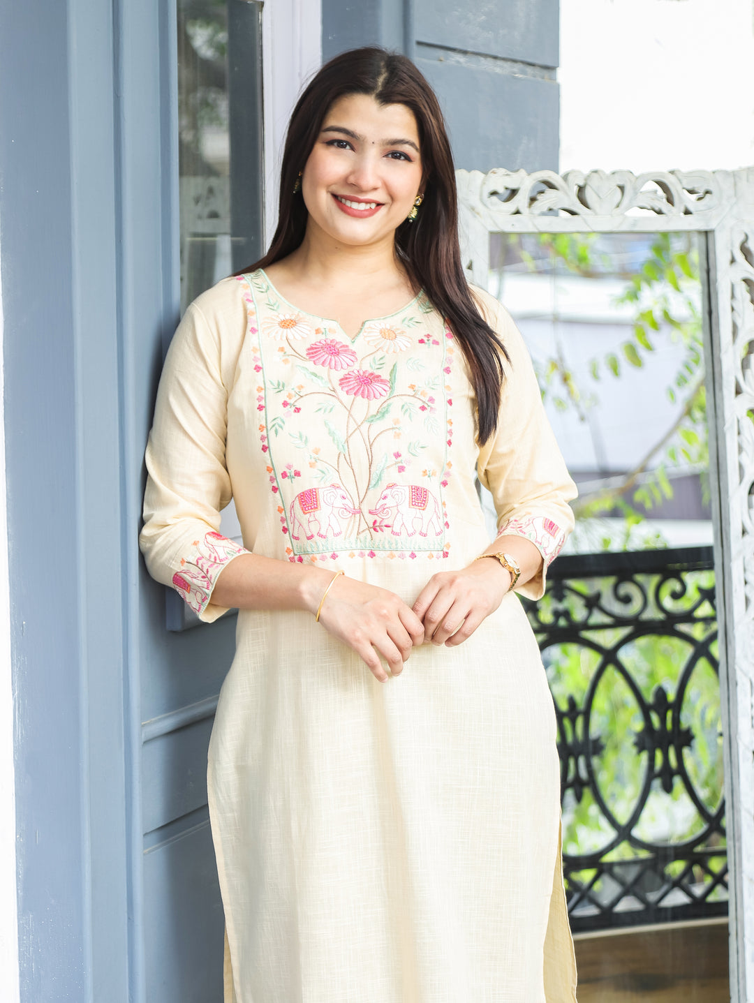 Kashish Beige Thread Embroidered Cotton Kurti